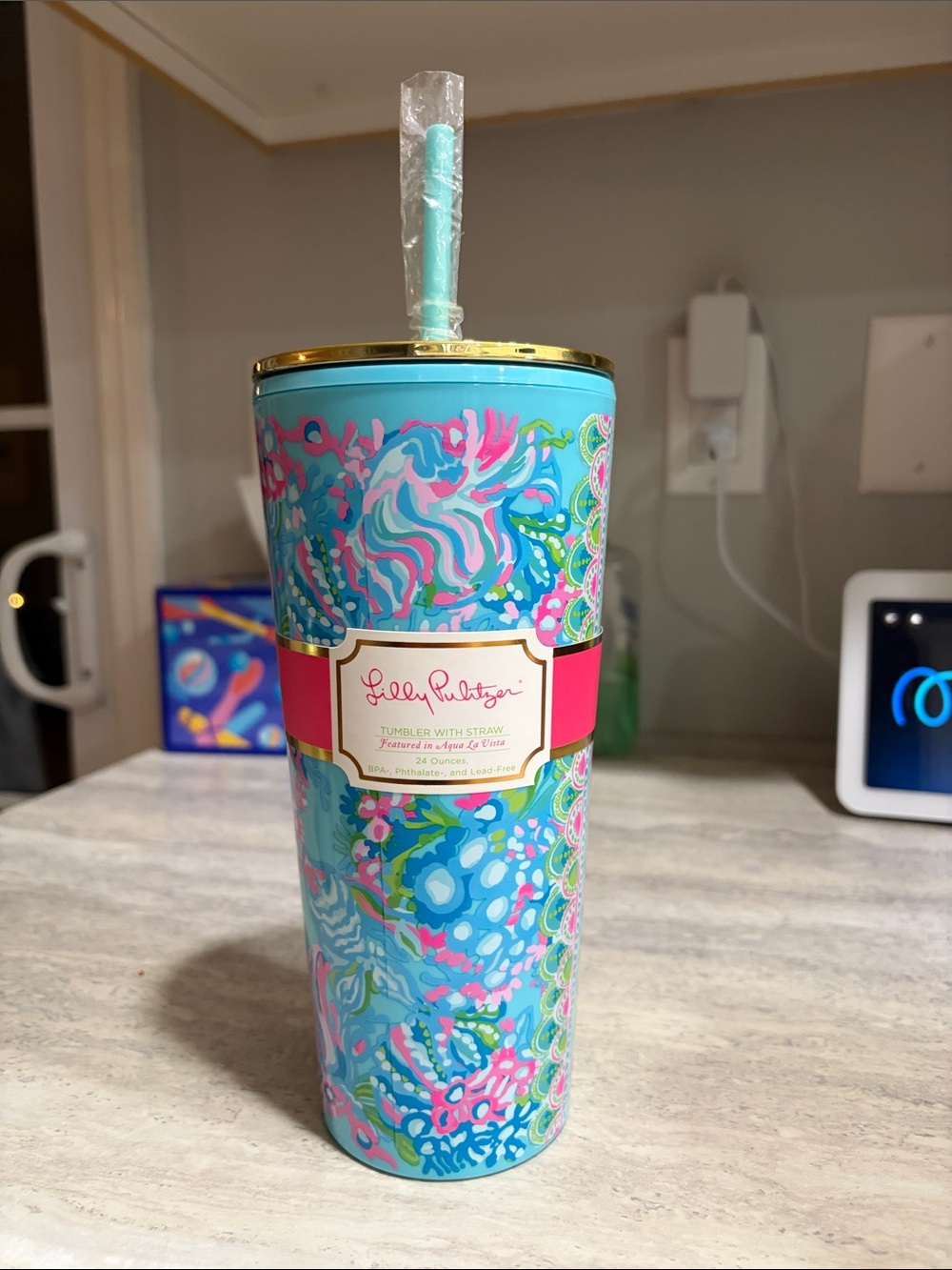 Lilly Pulitzer Turquoise Pink Blue Floral Pattern Tumbler with Straw